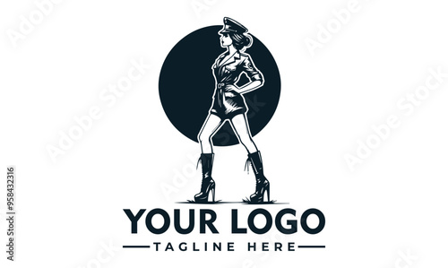 woman wearing a military uniform and boots vector illustration logo design