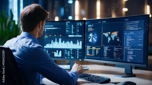 Wallpaper Mural An analyst works with a business analytics and data management system on a computer to create reports with KPIs and metrics connected to a database This involves corporate strategy for Torontodigital.ca