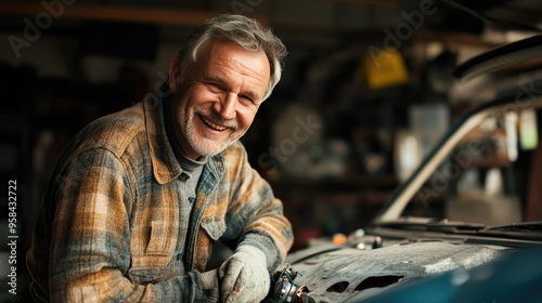 Elderly man with gray hair, happily repairing a car in an old garage, a scene of leisure and fulfillment after retirement.