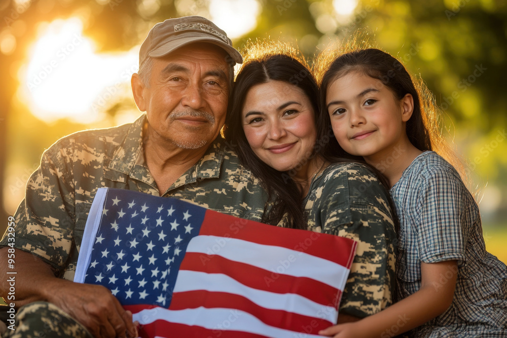 Happy military family holding an american flag while posing together for veteran's day Happy military family holding an american flag while posing together for veteran's day