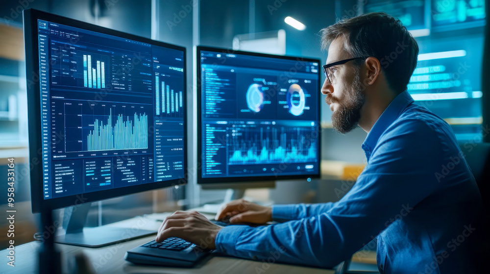 An analyst works with a business analytics and data management system on a computer to create reports with KPIs and metrics connected to a database This involves corporate strategy for An analyst works with a business analytics and data management system on a computer to create reports with KPIs and metrics connected to a database This involves corporate strategy for