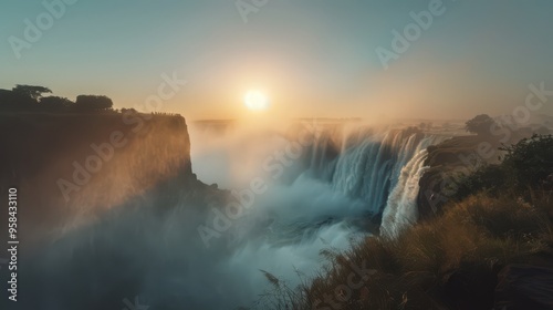 A view of Victoria Falls from the Zambian side, with the expansive waterfall stretching across the horizon and mist rising into the sky.