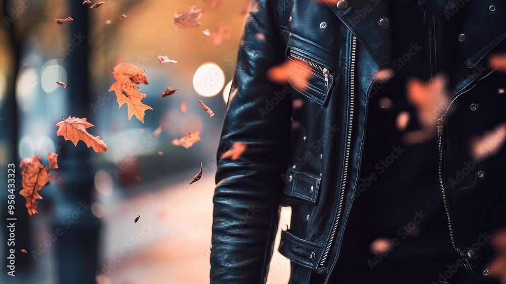 Leather jacket on a person walking through the city, autumn leaves swirling, texture highlighted against the modern urban backdrop. Autumn clothing