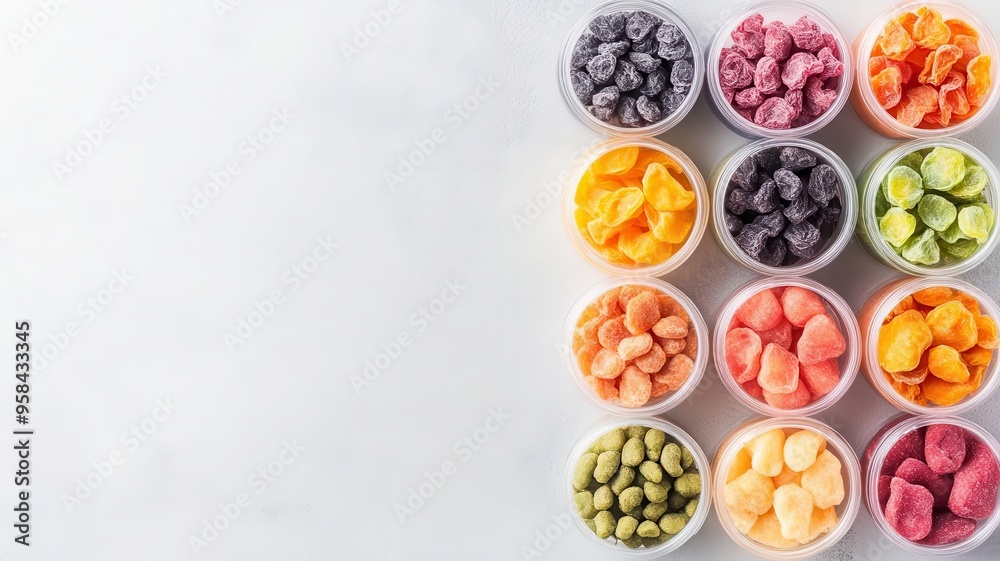 Healthy, colorful display of pet snacks made from freeze-dried fruits and vegetables, Healthy treats, Natural ingredients Healthy, colorful display of pet snacks made from freeze-dried fruits and vegetables, Healthy treats, Natural ingredients