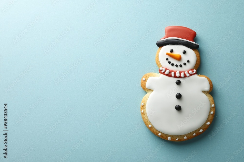 Fototapeta premium Decorated Snowman Cookie on Blue Background