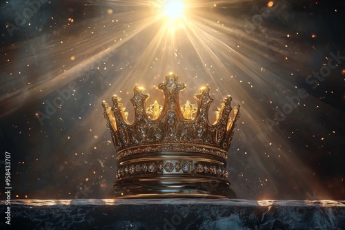 A shining 3D crown with rays of light, standing on a pedestal that signifies ultimate success. 