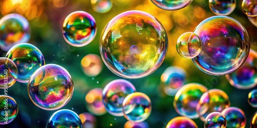 A close-up photo of colorful bubbles floating in the air, bubble, floating, translucent, sphere, playful, vibrant, shiny