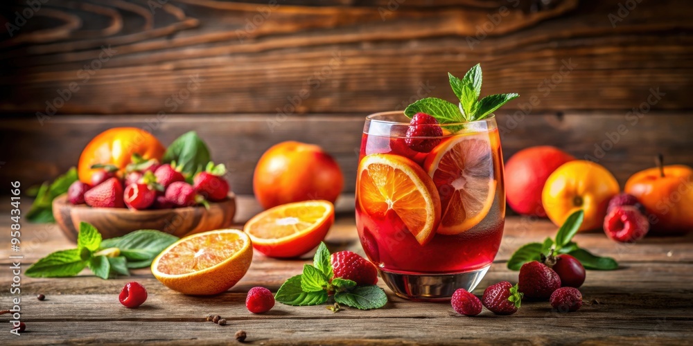 Vibrant red and orange fruit cocktail on a wooden table , summer, refreshment, healthy, bright, colorful, drink, tropical Vibrant red and orange fruit cocktail on a wooden table , summer, refreshment, healthy, bright, colorful, drink, tropical