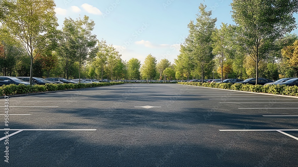 Fototapeta premium Spacious parking lot surrounded by lush trees, providing a vibrant and serene atmosphere for vehicles under a clear sky.