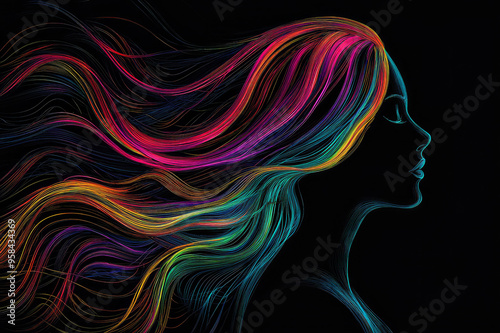 Silhouette of a woman with colorful hair on a black background, barber shop poster template. Generative AI