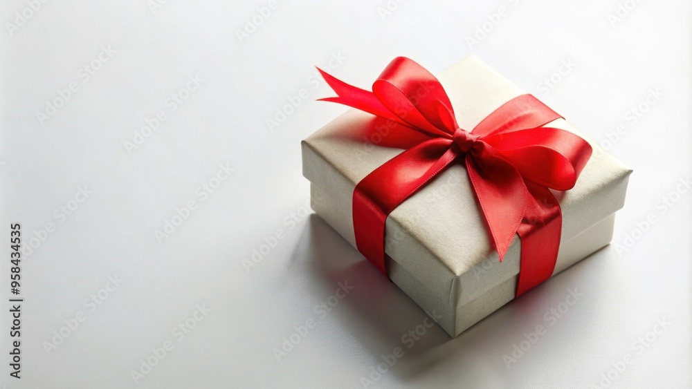 Fototapeta premium Gift box with red ribbon on white background, gift, box, red, ribbon, present, surprise, celebration, holiday, festive