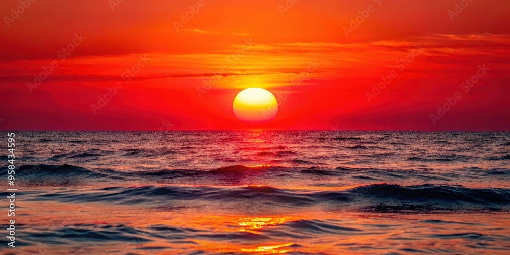 Vibrant red sun setting over the sparkling ocean, beautiful, sunset, red, sky, water, ocean, horizon, evening, colorful, nature Vibrant red sun setting over the sparkling ocean, beautiful, sunset, red, sky, water, ocean, horizon, evening, colorful, nature