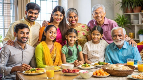 Large Indian Family Sitting at Table, Including Elderly, Young Adults, and Children, Multi-Generational Gathering, Cultural Family Meal
