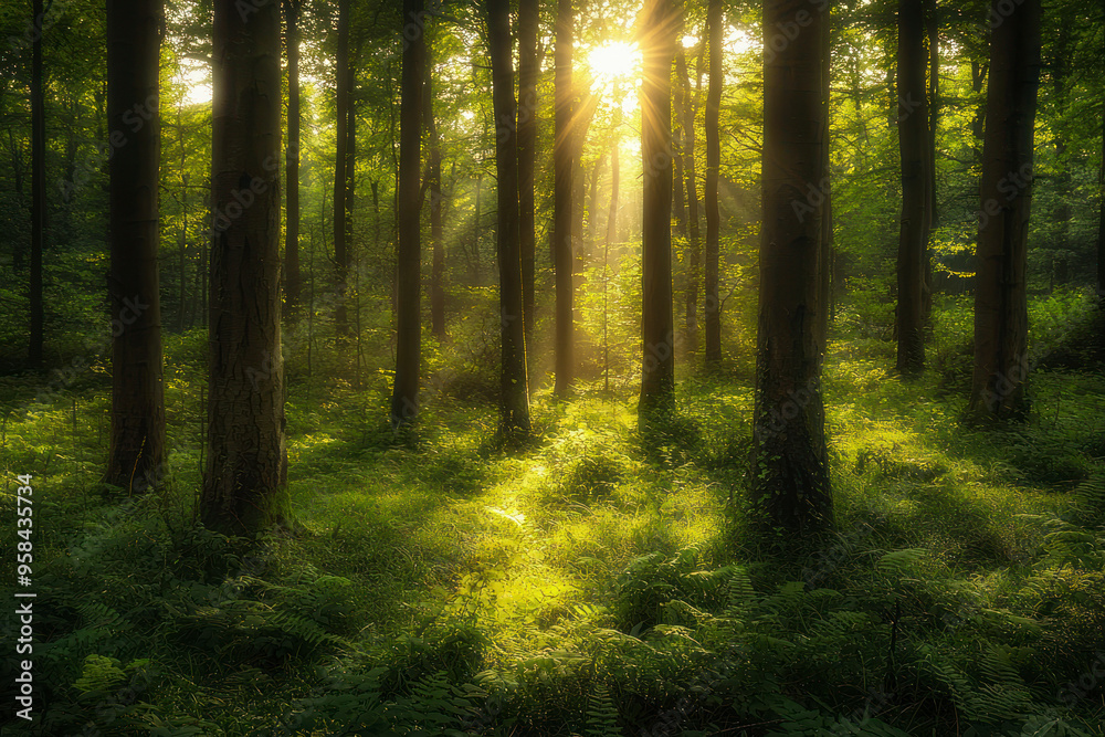 Fototapeta premium Serene Sunlit Forest with Lush Green Undergrowth - Peaceful Woodland Landscape.