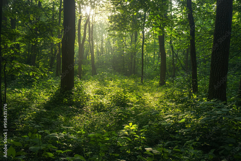 Serene Sunlit Forest with Lush Green Undergrowth - Peaceful Woodland Landscape. Serene Sunlit Forest with Lush Green Undergrowth - Peaceful Woodland Landscape.