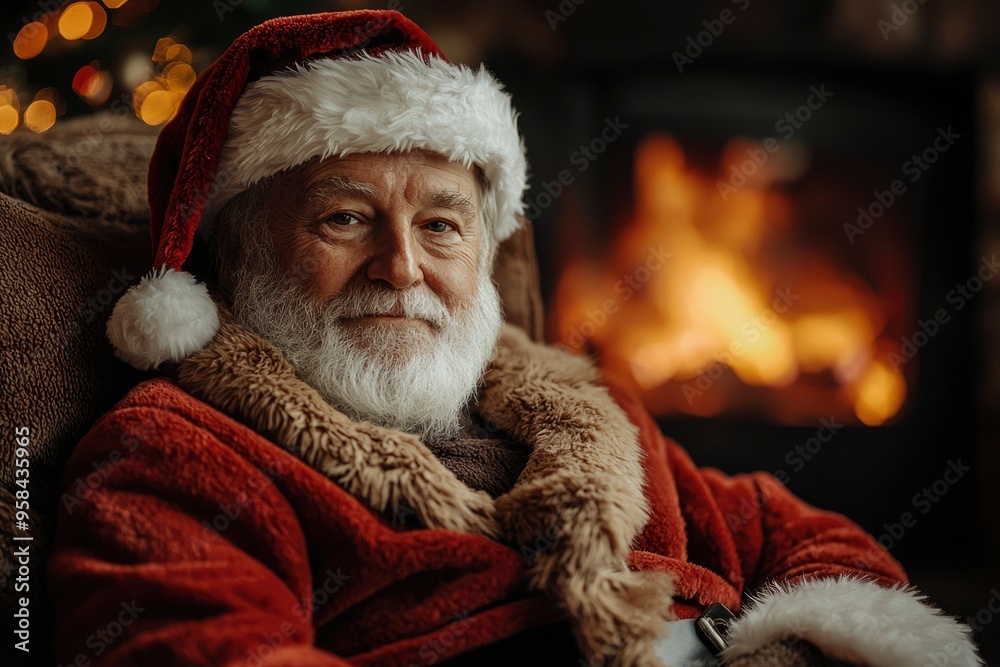 Santa Claus Sitting by a Fireplace, Looking at the Camera Santa Claus Sitting by a Fireplace, Looking at the Camera