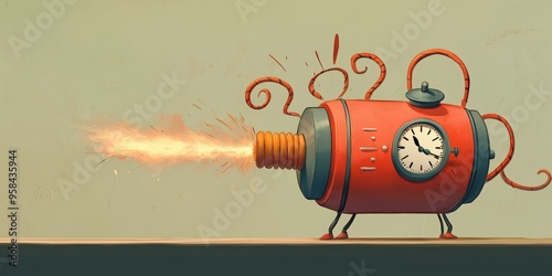 Red clock-shaped robot with legs on wood.