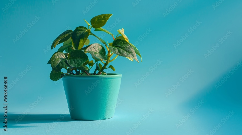 Obraz premium Photo of a small green tree in a pot on a blue background.