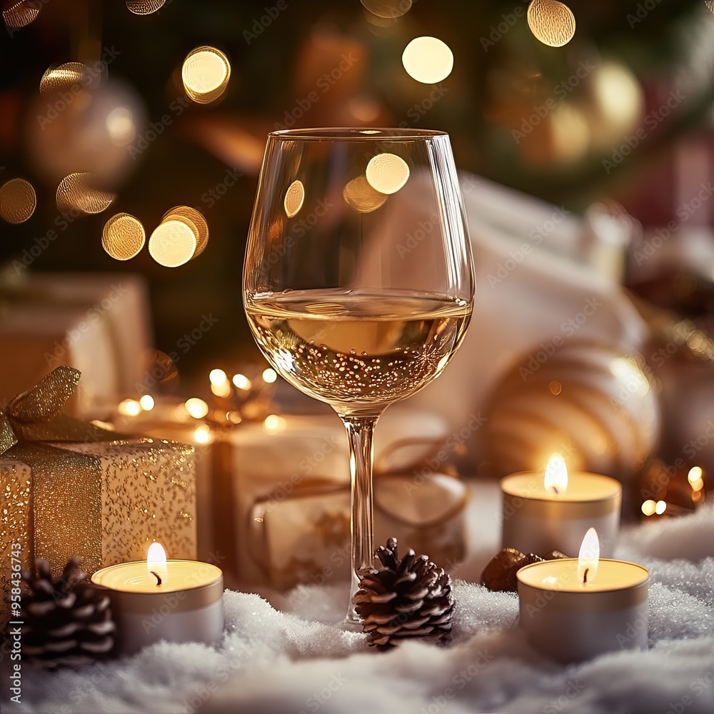 A glass of white wine surrounded by candles and Christmas festive decorations, AI generated image Background A glass of white wine surrounded by candles and Christmas festive decorations, AI generated image Background
