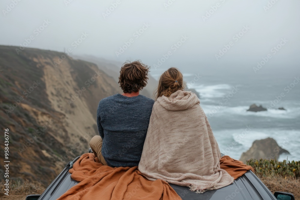Fototapeta premium A couple, wrapped in a blanket, gazes at the vast ocean from the roof of their car positioned near cliffs, embodying peace, love, and appreciation for the serene coastal beauty.