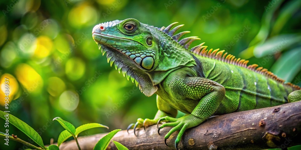 Green iguana perched on a lush tree branch , reptile, wildlife, exotic, colorful, tropical, nature, lizard, arboreal Green iguana perched on a lush tree branch , reptile, wildlife, exotic, colorful, tropical, nature, lizard, arboreal