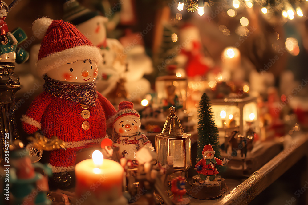 Naklejka premium Vintage Christmas Market with Antique Toys and Candle Light