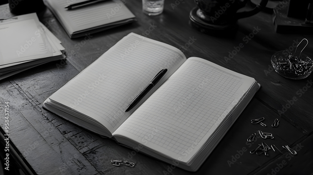 A desk with an open notebook, a pen, and a few scattered paper clips.
A desk with an open notebook, a pen, and a few scattered paper clips.