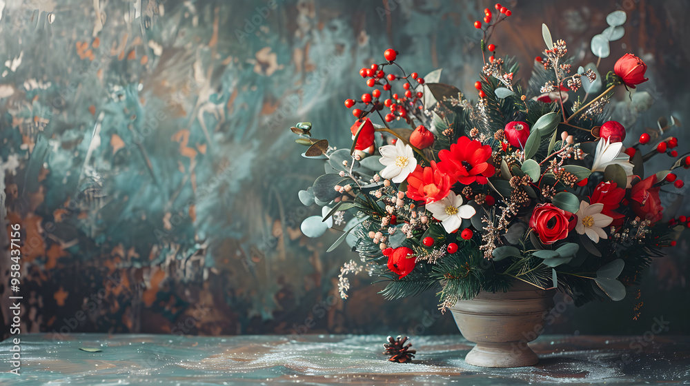 Winter floral bouquet using a unique arrangement of flowers and foliage to create a natural look with winter hues and tones. Studio setting clean backdrop Winter floral bouquet using a unique arrangement of flowers and foliage to create a natural look with winter hues and tones. Studio setting clean backdrop