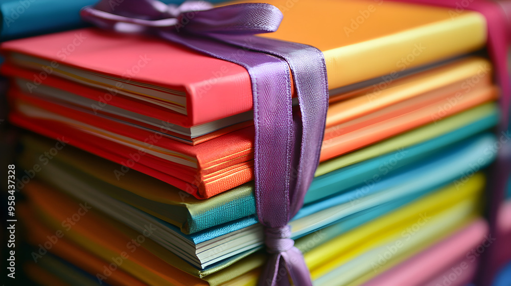 Obraz premium A stack of notebooks in various colors, tied together with a ribbon.