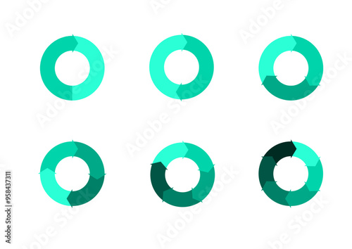 Set of pie chart diagrams. Circles arrow cut separated on1,2,3, 4,5, 6, with empty middle,simple flat design vector illustration.