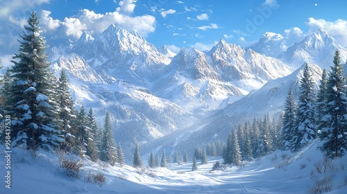 Fototapeta Naklejka Na Ścianę i Meble -  Stunning winter landscape featuring snow-covered mountains and evergreen trees under a clear blue sky.