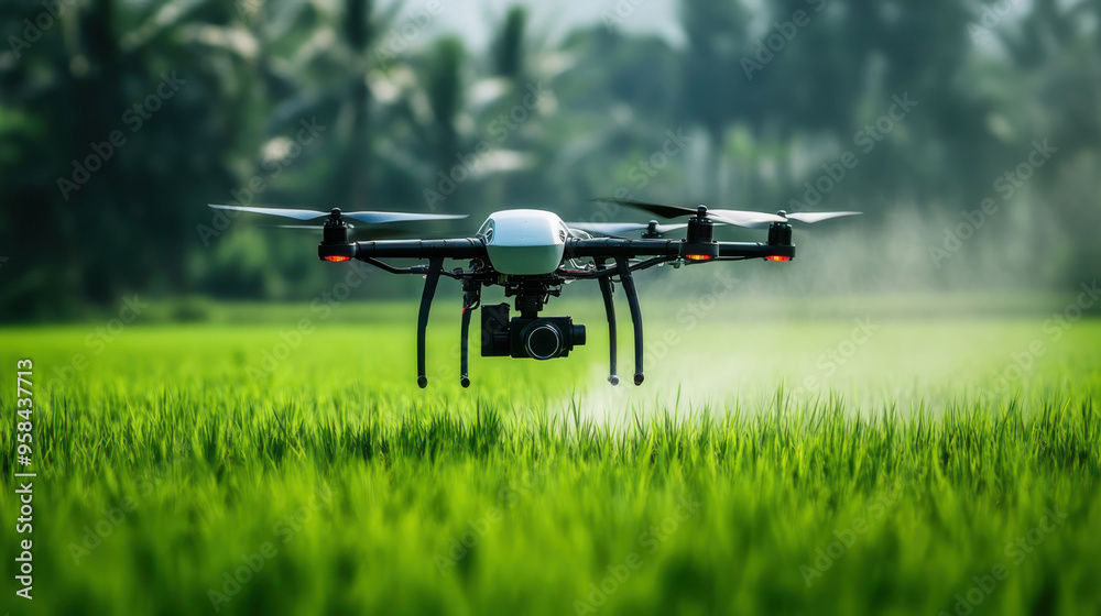 drone equipped with a precision sprayer flying over a field, applying a fine mist of pesticide to crops, with a focus on minimizing chemical use drone equipped with a precision sprayer flying over a field, applying a fine mist of pesticide to crops, with a focus on minimizing chemical use