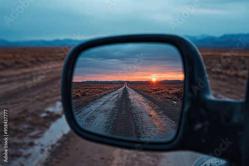 A beautiful sunset is captured over a muddy, deserted road through the reflection in a car's side view mirror, highlighting the atmospheric vast landscape.