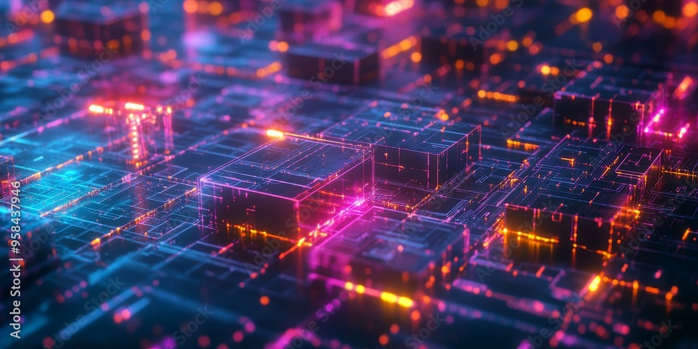 Glowing abstract cubes with circuitry.