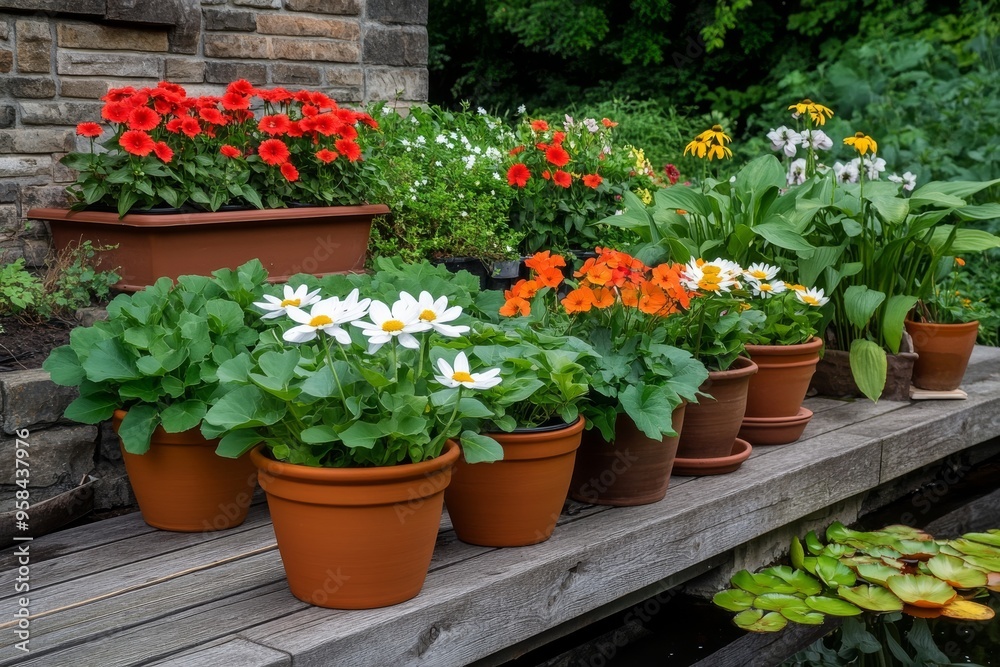 Garden with Potted Geraniums in Terracotta Pots and Greenery by Wooden Wheel and Window