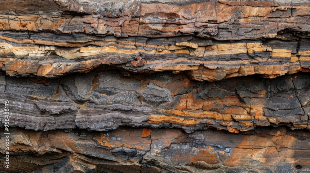 Close-up of a sedimentary rock layer, showing the different strata and the fossils embedded within them. Close-up of a sedimentary rock layer, showing the different strata and the fossils embedded within them.
