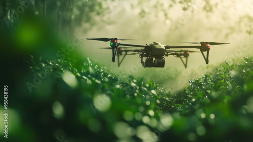 drone equipped with a precision sprayer flying over a field, applying a fine mist of pesticide to crops, with a focus on minimizing chemical use