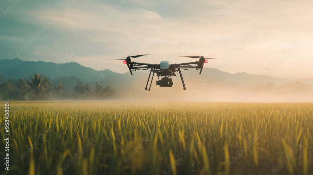 drone equipped with a precision sprayer flying over a field, applying a fine mist of pesticide to crops, with a focus on minimizing chemical use drone equipped with a precision sprayer flying over a field, applying a fine mist of pesticide to crops, with a focus on minimizing chemical use