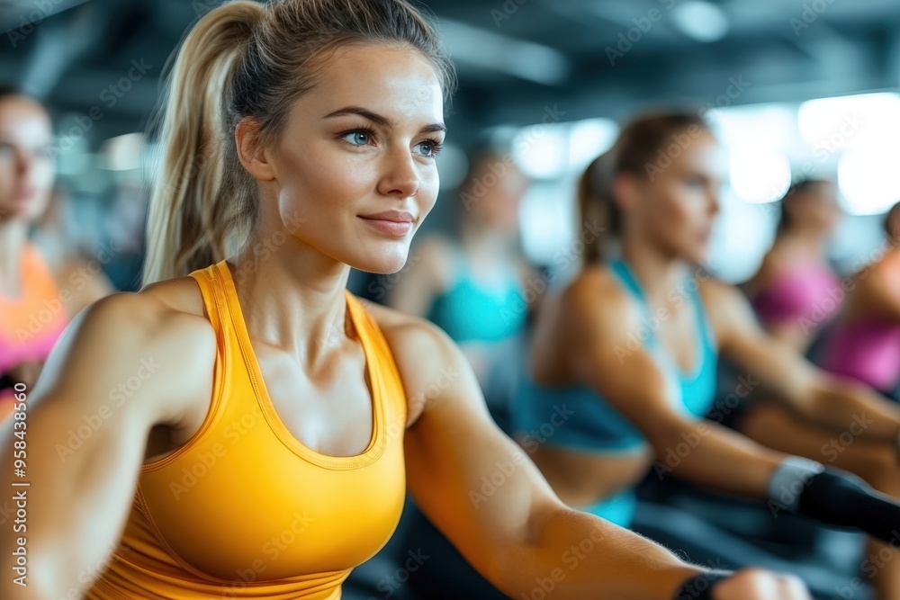A determined woman exercises intensely in a modern fitness studio, demonstrating focus and commitment to her fitness goals amidst a group workout session with others. A determined woman exercises intensely in a modern fitness studio, demonstrating focus and commitment to her fitness goals amidst a group workout session with others.