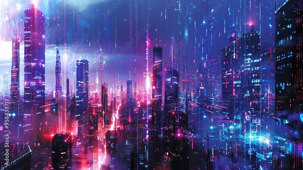 A futuristic cityscape with neon lights and glowing buildings. The city is bathed in a purple and blue light. A futuristic cityscape with neon lights and glowing buildings. The city is bathed in a purple and blue light.