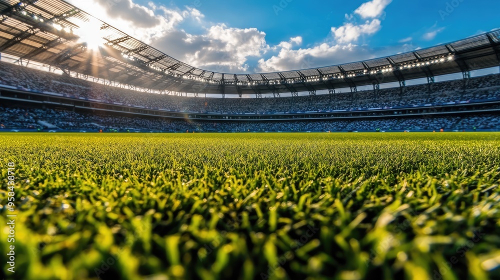 Fototapeta premium Green grass on a football field, seen from ground level, with a large stadium looming in the background, ready for action