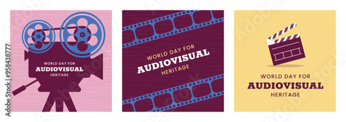 World day for Audiovisual heritage square banners set. October 27. Retro colors. Minimal holiday concept. Template for background, social media post, web banner, card, poster with text inscription