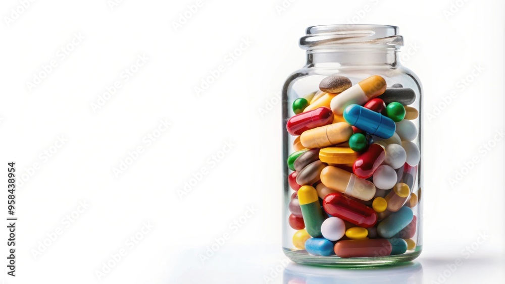 Close up of various pills and capsules in a medicine bottle on a white background, medication, healthcare, pharmacy Close up of various pills and capsules in a medicine bottle on a white background, medication, healthcare, pharmacy