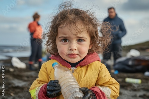 A young child in a yellow jacket and gloves, with dirt on their face, stands on the beach and holds a plastic bottle, participating in a cleanup operation with others in the backdrop. photo