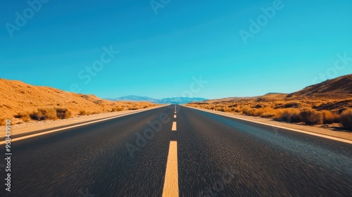 POV of a car speeding down a deserted highway, road stretching into the distance, sense of freedom and travel, clear blue sky