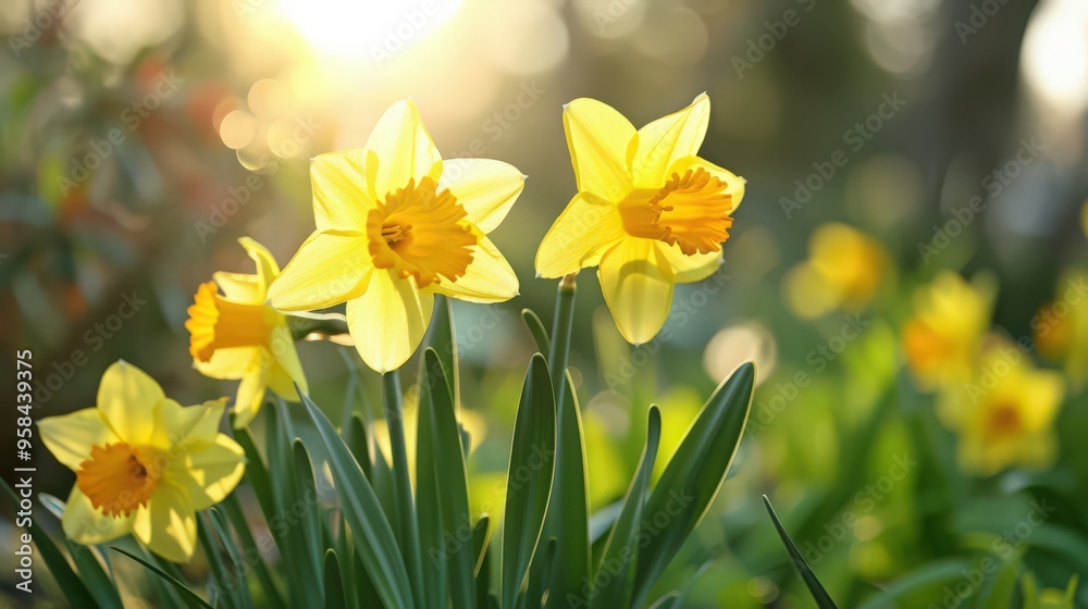 Close-up of daffodils with their bright yellow trumpets, standing tall amidst green stems and leaves in a fresh and cheerful spring garden. Close-up of daffodils with their bright yellow trumpets, standing tall amidst green stems and leaves in a fresh and cheerful spring garden.