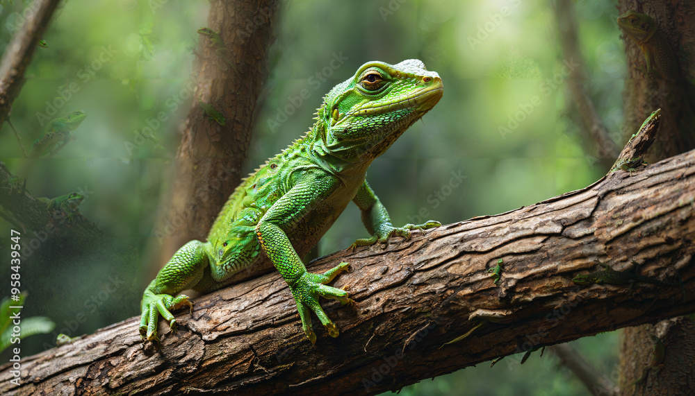 Fototapeta premium Lézard vert sur une branche d'arbre