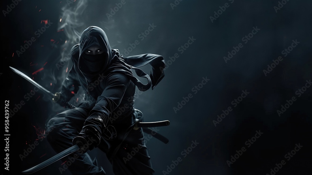 Naklejka premium Stealthy Dark Hooded Ninja in Action with Dual Swords in Dimly Lit Environment.