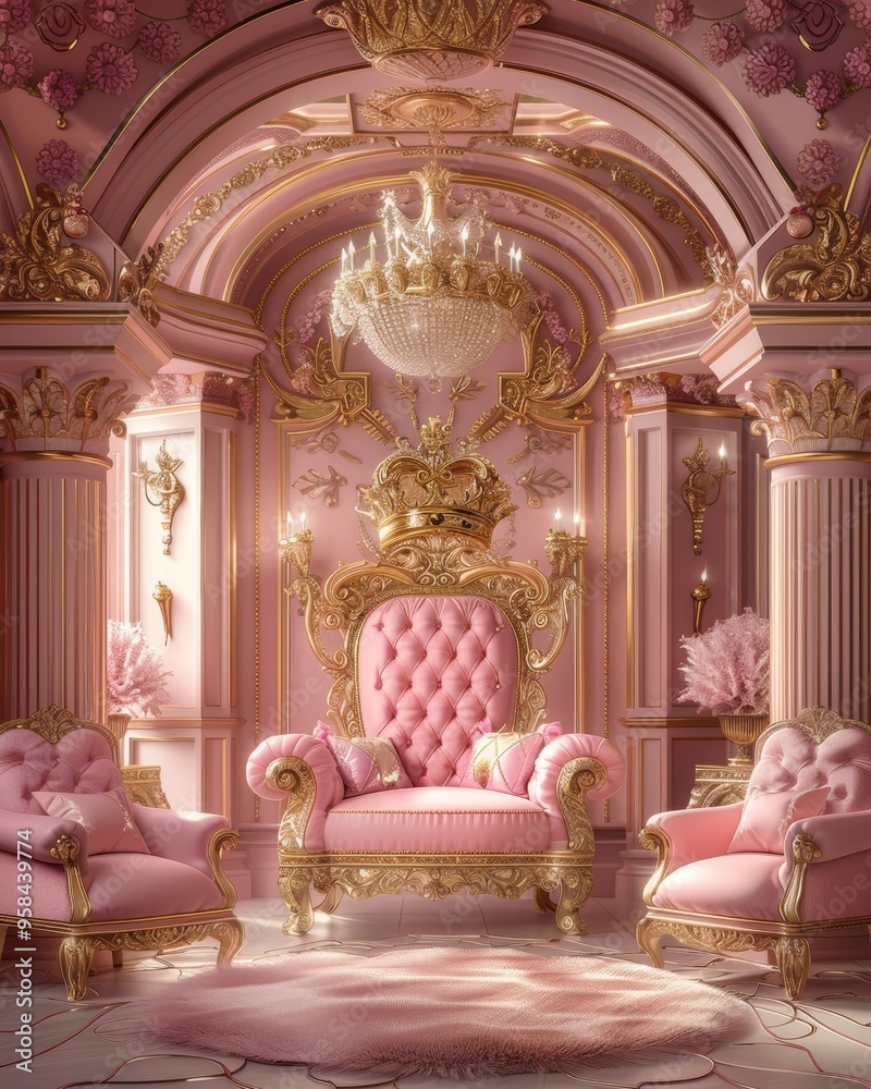 A luxurious pink and gold living room with ornate furniture and a grand chandelier. A luxurious pink and gold living room with ornate furniture and a grand chandelier.