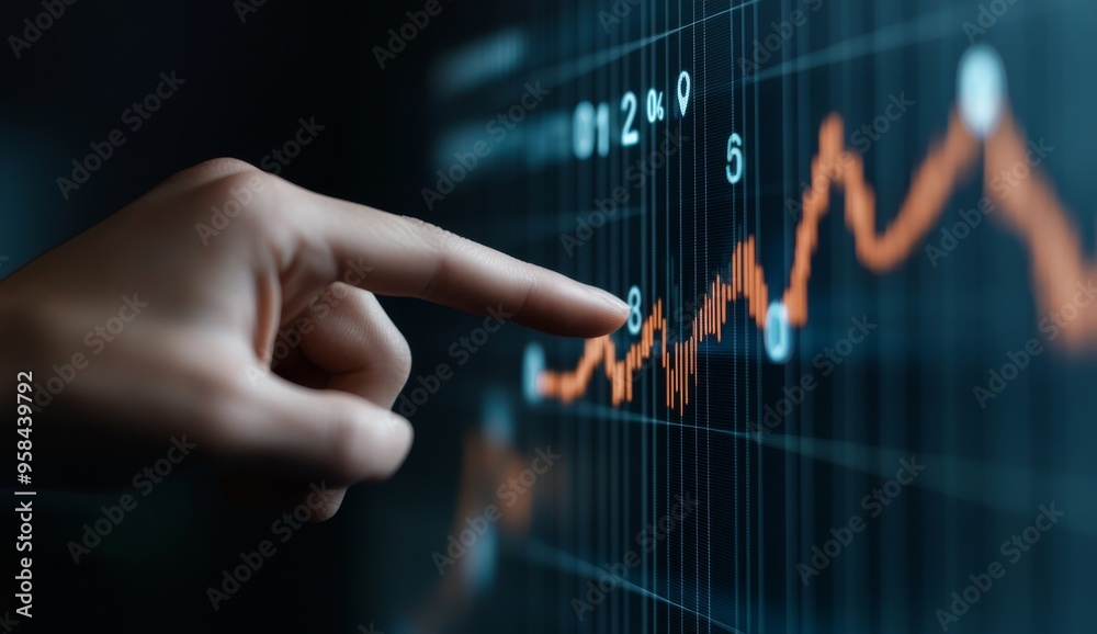 Hand Pointing at Upward-Trending Graph with Financial Symbols Representing Social Media Marketing Growth Hand Pointing at Upward-Trending Graph with Financial Symbols Representing Social Media Marketing Growth